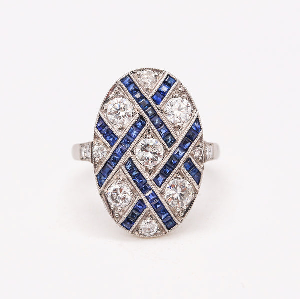 Art Deco 1930 Geometric Ring In Platinum With 2.34 Cts In Diamonds & Sapphires