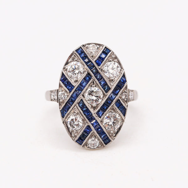 Art Deco 1930 Geometric Ring In Platinum With 2.34 Cts In Diamonds & Sapphires