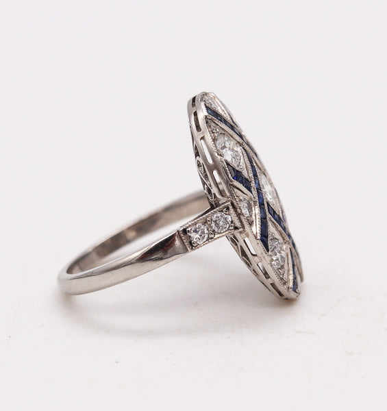 Art Deco 1930 Geometric Ring In Platinum With 2.34 Cts In Diamonds & Sapphires