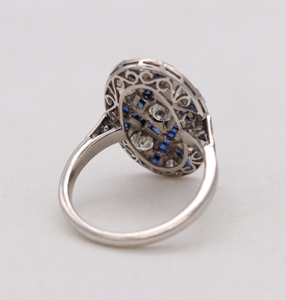 Art Deco 1930 Geometric Ring In Platinum With 2.34 Cts In Diamonds & Sapphires