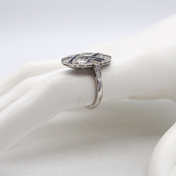 Art Deco 1930 Geometric Ring In Platinum With 2.34 Cts In Diamonds & Sapphires