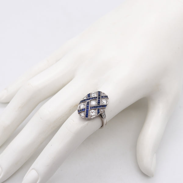 Art Deco 1930 Geometric Ring In Platinum With 2.34 Cts In Diamonds & Sapphires