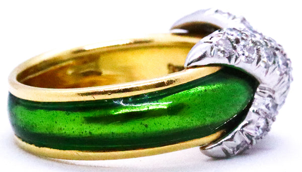 TIFFANY & CO, JEAN SCHLUMBERGER GREEN ENAMEL 18 KT GOLD AND PLATINUM DIAMONDS RING