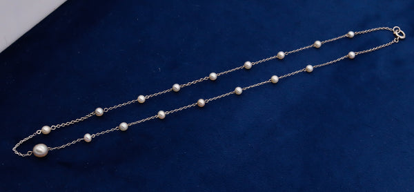 Art Deco 1930 Stations Necklace Chain In Platinum With 18 Natural White Round Pearls