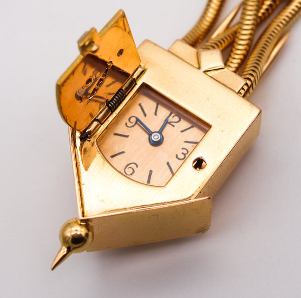 -UTI Paris 1948 For Eliakim Cairo Lapel Cuckoo Watch In 18Kt Gold With Gemstones