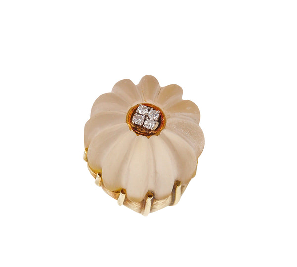 Modernism 1970 Cocktail Ring In 18Kt Yellow Gold With Rock Quartz & VS Diamonds