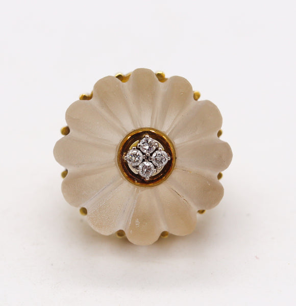 Modernism 1970 Cocktail Ring In 18Kt Yellow Gold With Rock Quartz & VS Diamonds