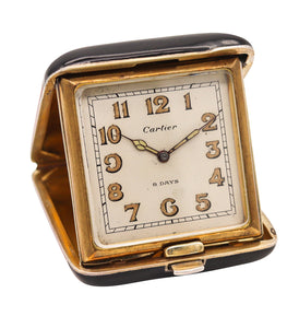 -Cartier Paris 1935 Art Deco Travel Clock In Red And Black Lacquer In Gilded Sterling