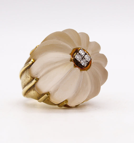 Modernism 1970 Cocktail Ring In 18Kt Yellow Gold With Rock Quartz & VS Diamonds