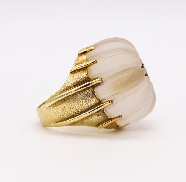 Modernism 1970 Cocktail Ring In 18Kt Yellow Gold With Rock Quartz & VS Diamonds