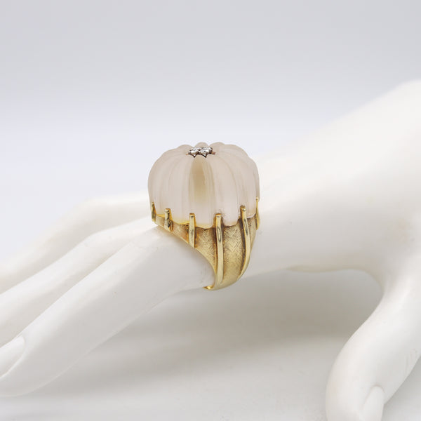 Modernism 1970 Cocktail Ring In 18Kt Yellow Gold With Rock Quartz & VS Diamonds