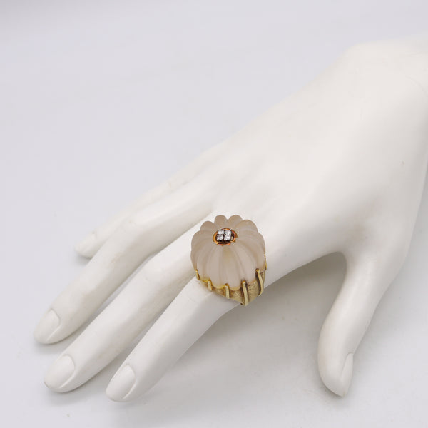 Modernism 1970 Cocktail Ring In 18Kt Yellow Gold With Rock Quartz & VS Diamonds