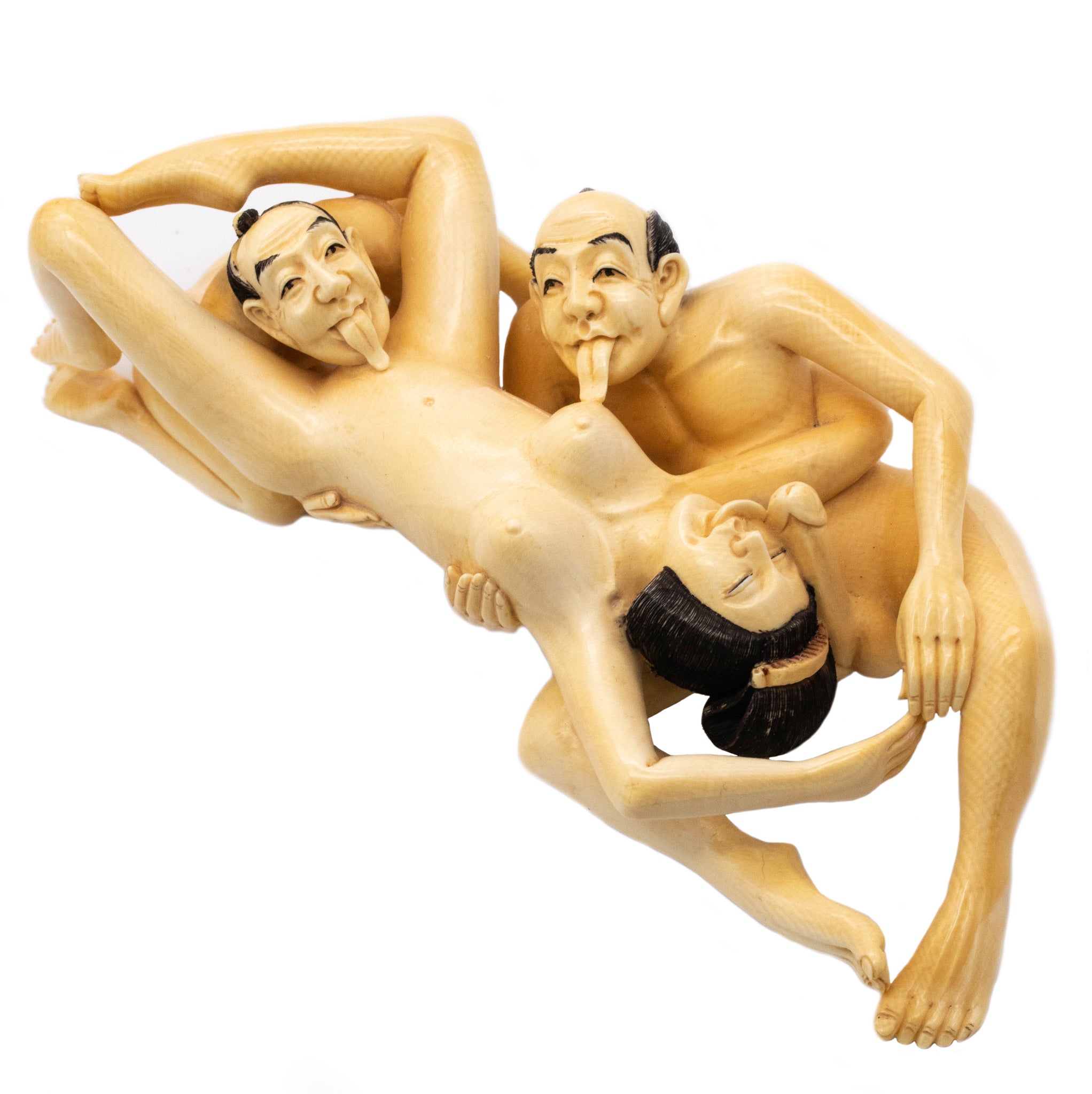 JAPAN 1910-20 PERIOD OKIMONO EROTIC SHUNGA POLYCHROMATE SCULPTURE CARVING SIGNED