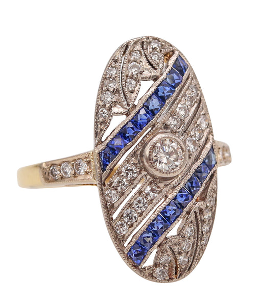 (S)Art Deco 1920 Gem Set ring In 18Kt Gold And Platinum With 1.75 Cts Diamonds And Sapphires