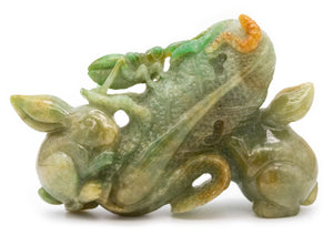 CHINA QUING DYNASTY 1910'S NEPHRITE JADE WITH RABBITS & NATURAL MOTTIFS