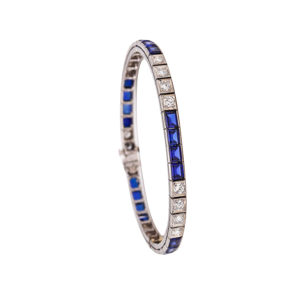 Art Deco 1940 Riviera Bracelet In 14Kt Gold With 9.26 Cts In Diamonds & French Cut Blue Spinel