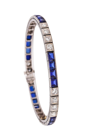 Art Deco 1940 Riviera Bracelet In 14Kt Gold With 9.26 Cts In Diamonds & French Cut Blue Spinel