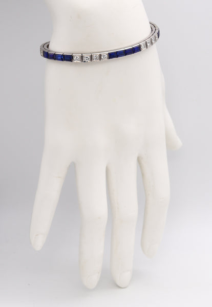 Art Deco 1940 Riviera Bracelet In 14Kt Gold With 9.26 Cts In Diamonds & French Cut Blue Spinel