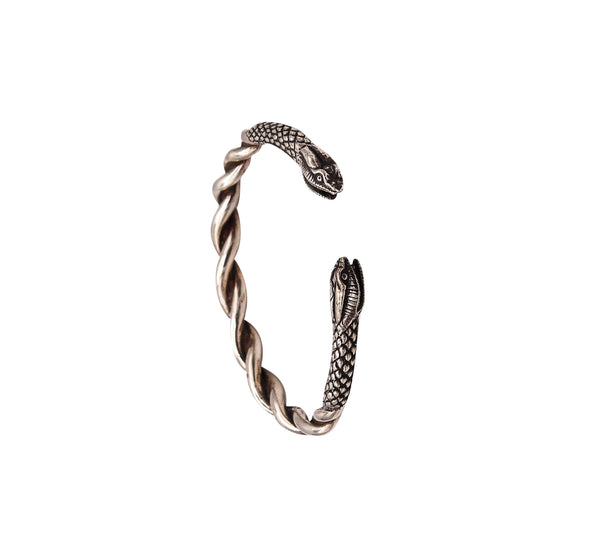 -French Etruscan Revival Snakes Bracelet Cuff In Solid .925 Sterling Silver