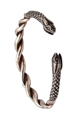 -French Etruscan Revival Snakes Bracelet Cuff In Solid .925 Sterling Silver