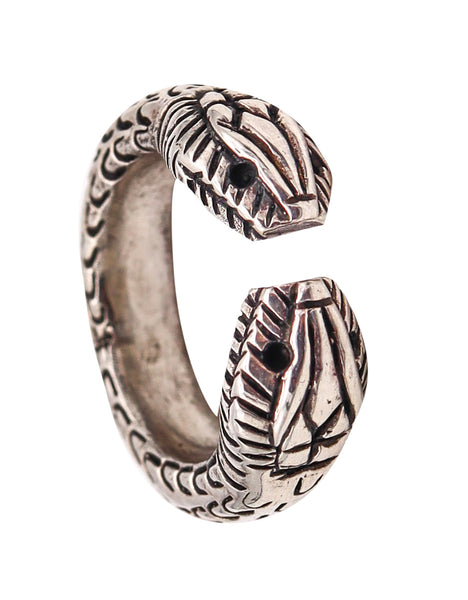 -French Etruscan Revival Snakes Cuff Ring In Solid .925 Sterling Silver