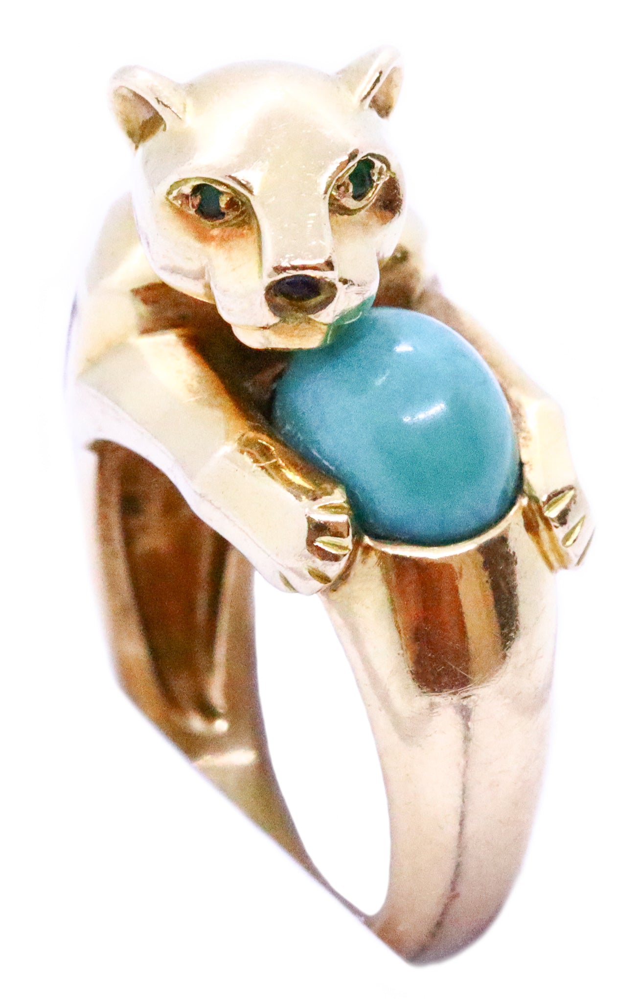 CARTIER PARIS 1970 "PANTHERE" RING WITH A PERSIAN TURQUOISE ONYX & EMERALD