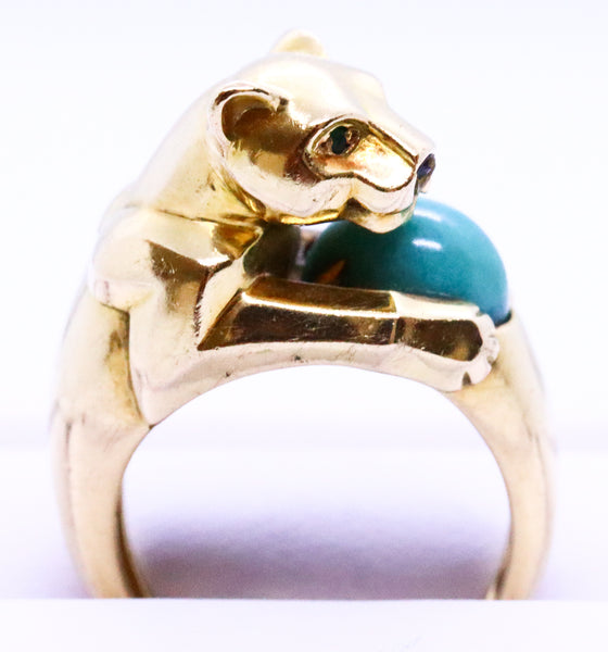 CARTIER PARIS 1970 "PANTHERE" RING WITH A PERSIAN TURQUOISE ONYX & EMERALD