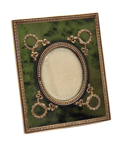 Russian 1915 Moscow Nephrite Jade Desk Picture Frame Mounted In Gilded Silver