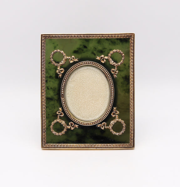 Russian 1915 Moscow Nephrite Jade Desk Picture Frame Mounted In Gilded Silver