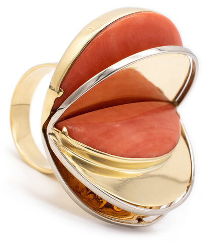 Laura Rivalta Italy 18Kt Yellow Gold Geometric Sculptural OP Art Geometric Ring With Coral