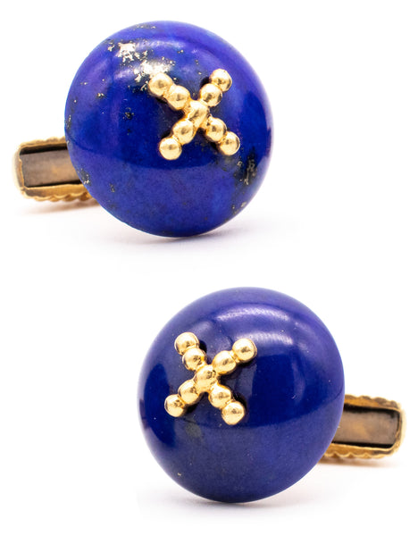 Modern Pair Of Cufflinks In Textured 18Kt Yellow Gold With Lapis Lazuli