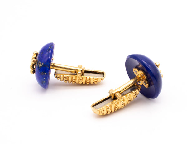Modern Pair Of Cufflinks In Textured 18Kt Yellow Gold With Lapis Lazuli