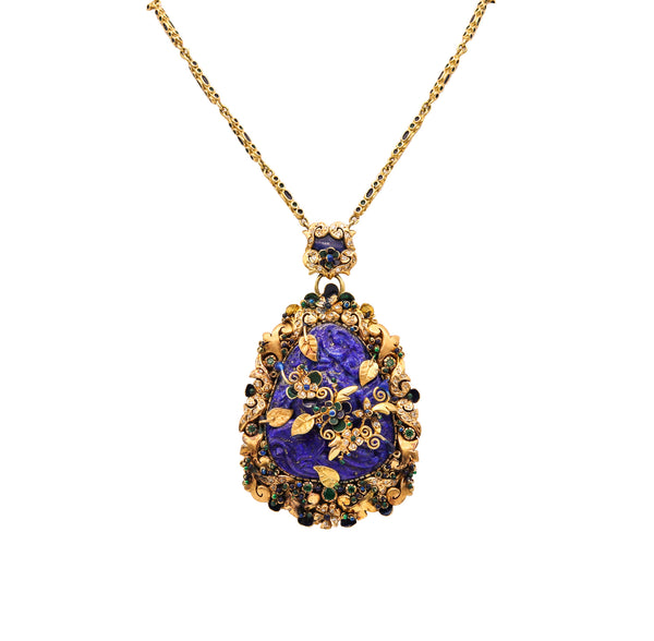 -Italian Mid Century Chinoiserie Necklace In 18Kt Gold With 62.37 Ctw Diamonds And Carved Lapis