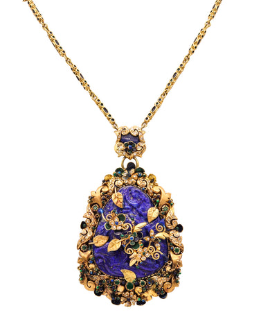 -Italian Mid Century Chinoiserie Necklace In 18Kt Gold With 62.37 Ctw Diamonds And Carved Lapis