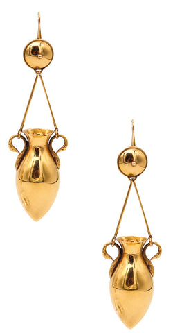 -Victorian 1880 Etruscan Revival Classic Amphoras Drop Earrings In 18 Kt Yellow Gold