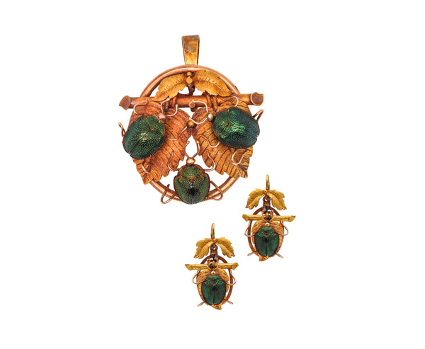 -Egyptian Revival 1870 Victorian Natural Scarab Beetles Suite In Box In 14Kt Yellow Gold In Fitted Box