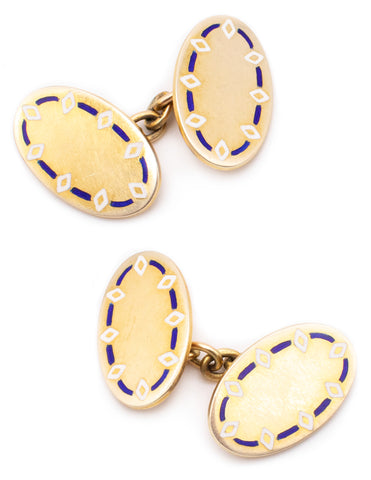 J. Bruford And Son 1926 Birmingham British 9Kt Gold Art Deco Geometric Enameled Cufflinks