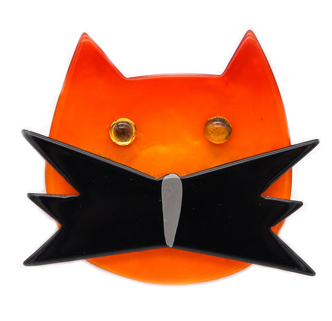 -Marie Christine Pavone French Vintage Colorful Cat Brooch In Galalith