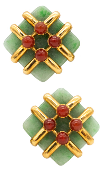 *Cartier 1974 Aldo Cipullo geometric clip-earrings in 18 kt yellow gold with jadeite & carnelian