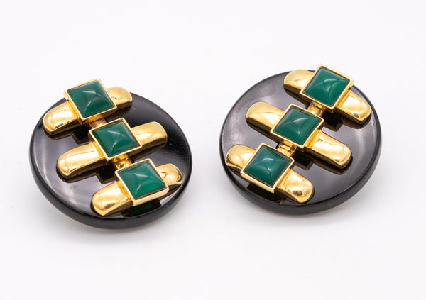 *Cartier 1972 Aldo Cipullo geometric earrings in 18 kt yellow gold with onyx & chrysoprase