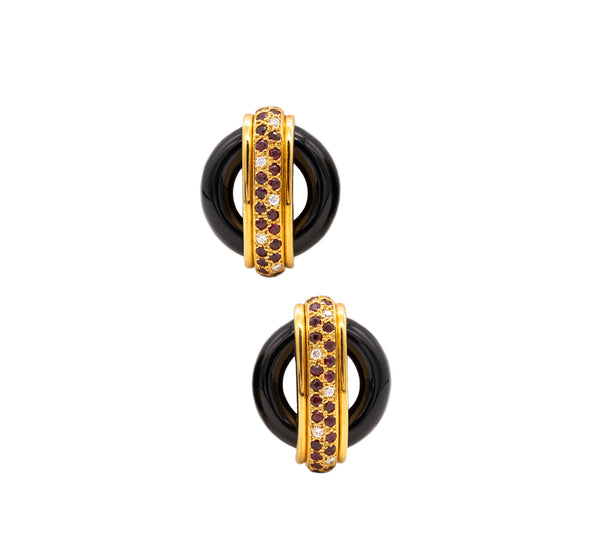 Cartier 1974 Aldo Cipullo Onyx Clip Earrings 18Kt Gold With 2.95 Ctw In Diamonds And Rubies