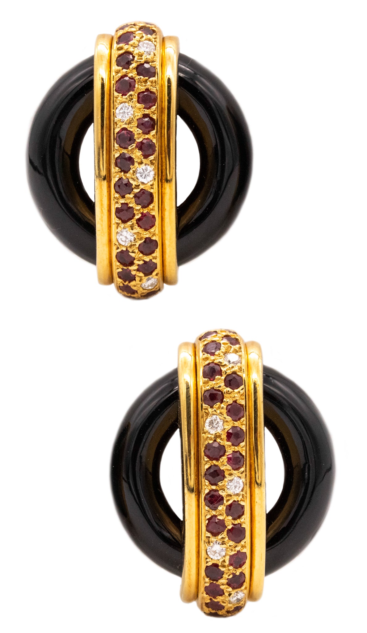 Cartier 1974 Aldo Cipullo Onyx Clip Earrings 18Kt Gold With 2.95 Ctw In Diamonds And Rubies