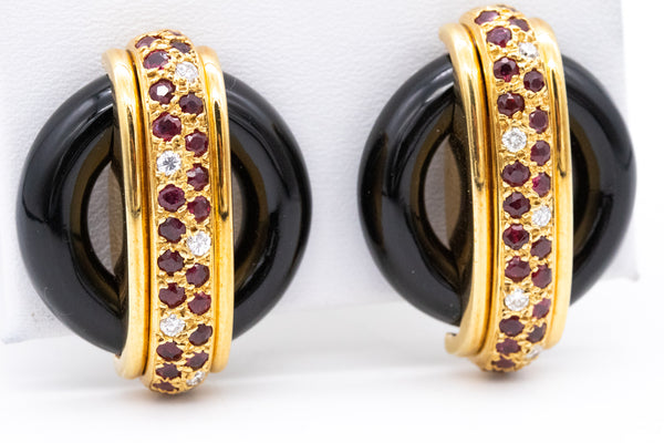 Cartier 1974 Aldo Cipullo Onyx Clip Earrings 18Kt Gold With 2.95 Ctw In Diamonds And Rubies