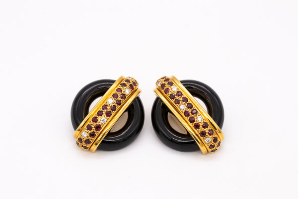 Cartier 1974 Aldo Cipullo Onyx Clip Earrings 18Kt Gold With 2.95 Ctw In Diamonds And Rubies