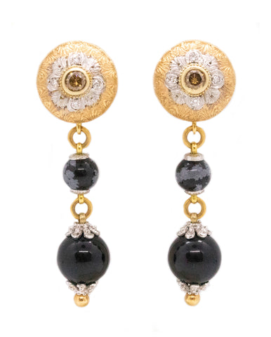 CAZZANIGA ROMA 18 KT GOLD DIAMONDS & BLACK JASPER HAND MADE PAIR OF EARRINGS