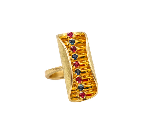 Scandinavian 1970 Op-Art Sculptural Ring In 18Kt Gold With Sapphires And Rubies