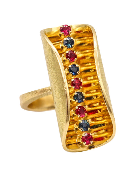 Scandinavian 1970 Op-Art Sculptural Ring In 18Kt Gold With Sapphires And Rubies