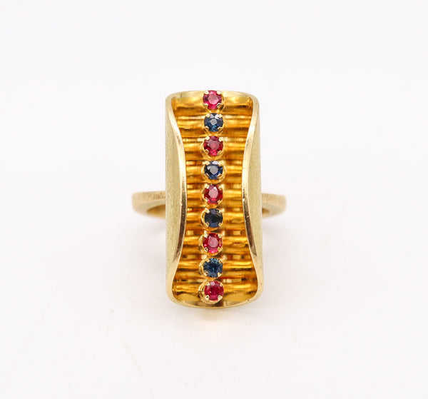 Scandinavian 1970 Op-Art Sculptural Ring In 18Kt Gold With Sapphires And Rubies