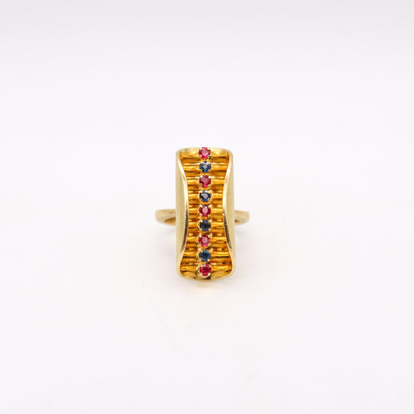 Scandinavian 1970 Op-Art Sculptural Ring In 18Kt Gold With Sapphires And Rubies