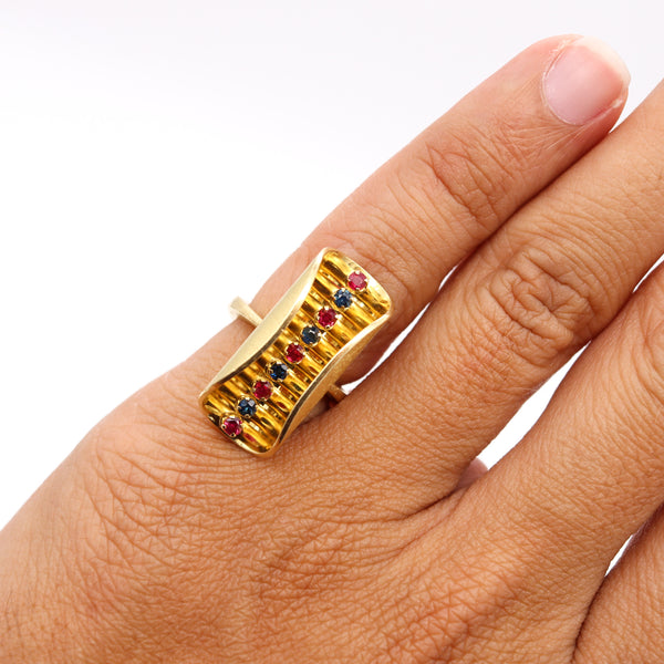 Scandinavian 1970 Op-Art Sculptural Ring In 18Kt Gold With Sapphires And Rubies